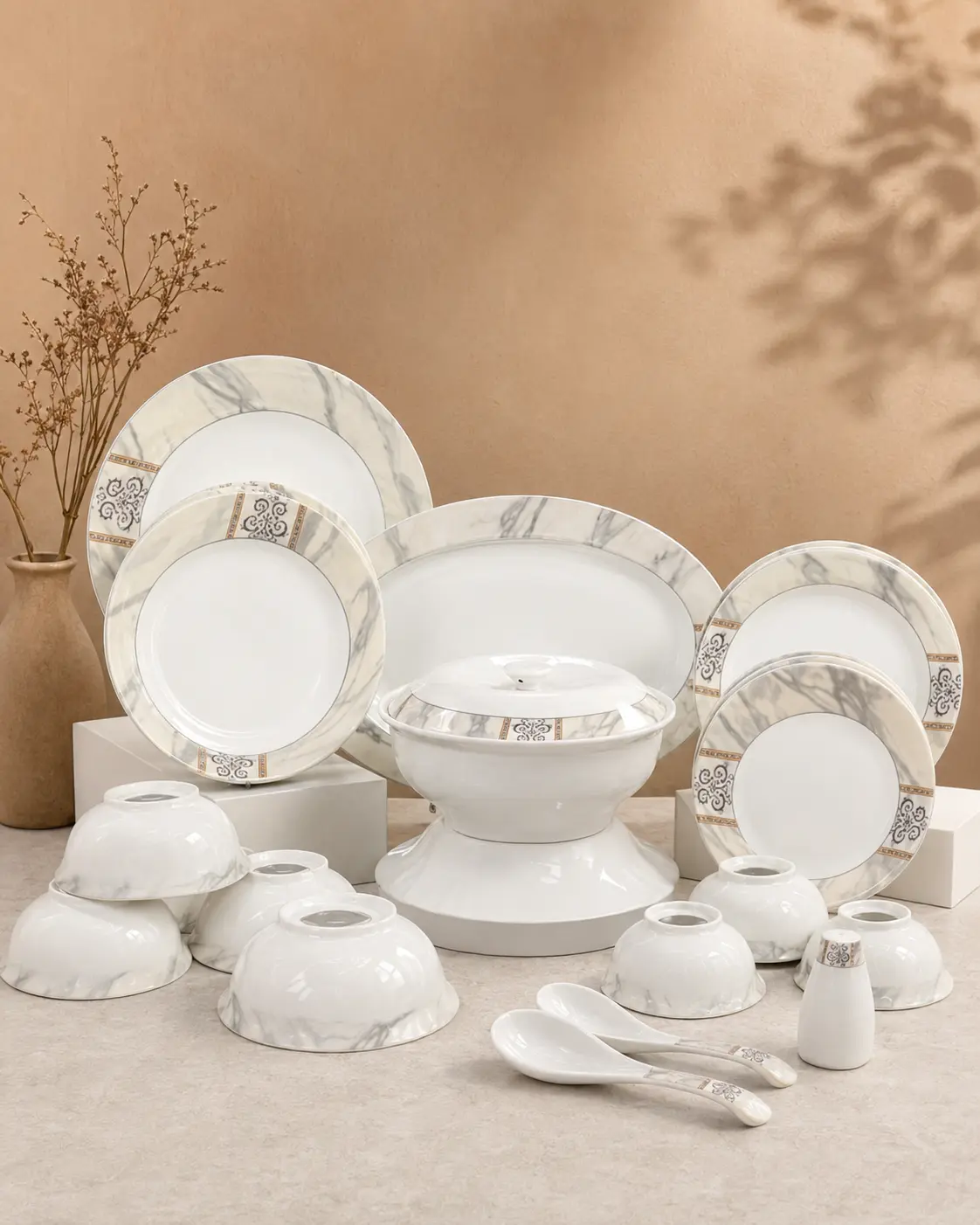 Marble Scroll Gold Dinner Set by Hira Industries