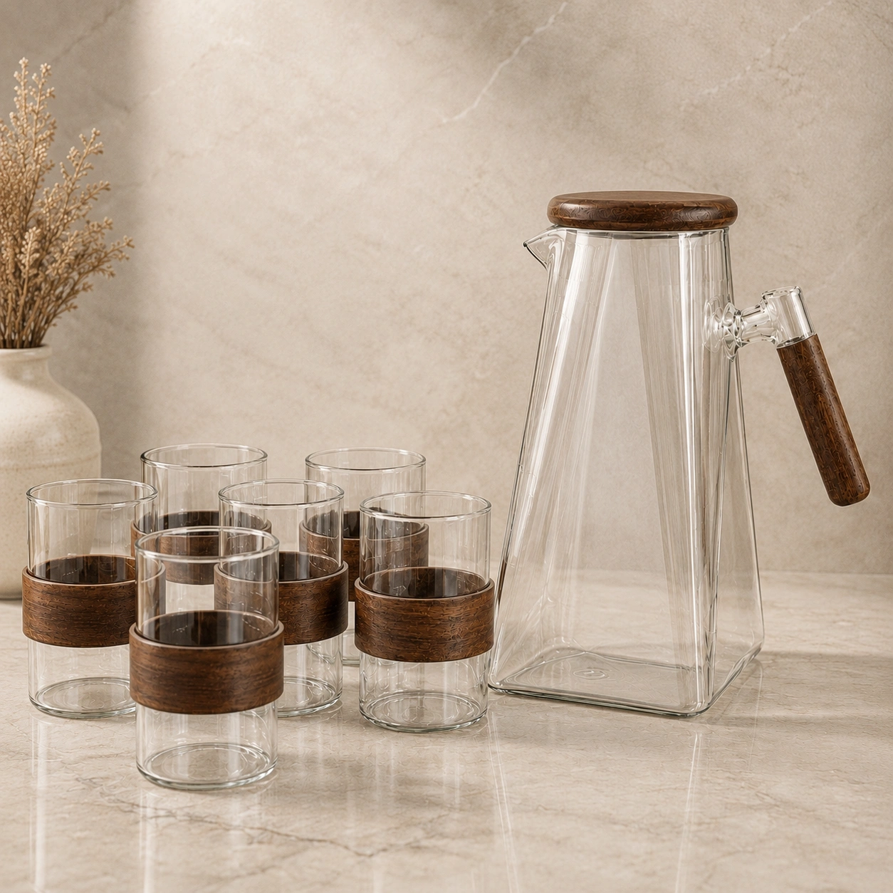 Walnut Accent Glass Jug Set by Hira Industries