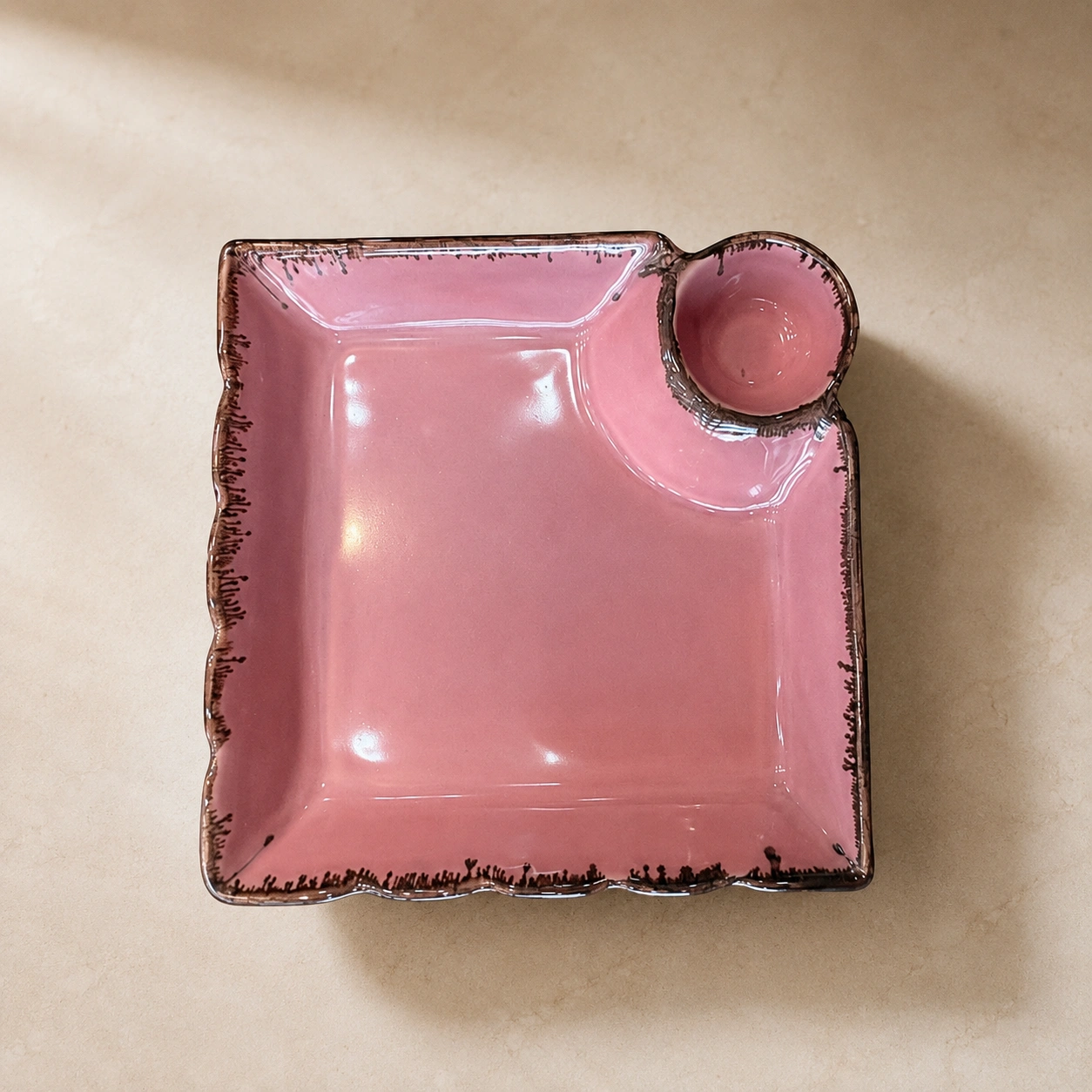 Rose Square Snack Plate with Dip Bowl by Hira Industries