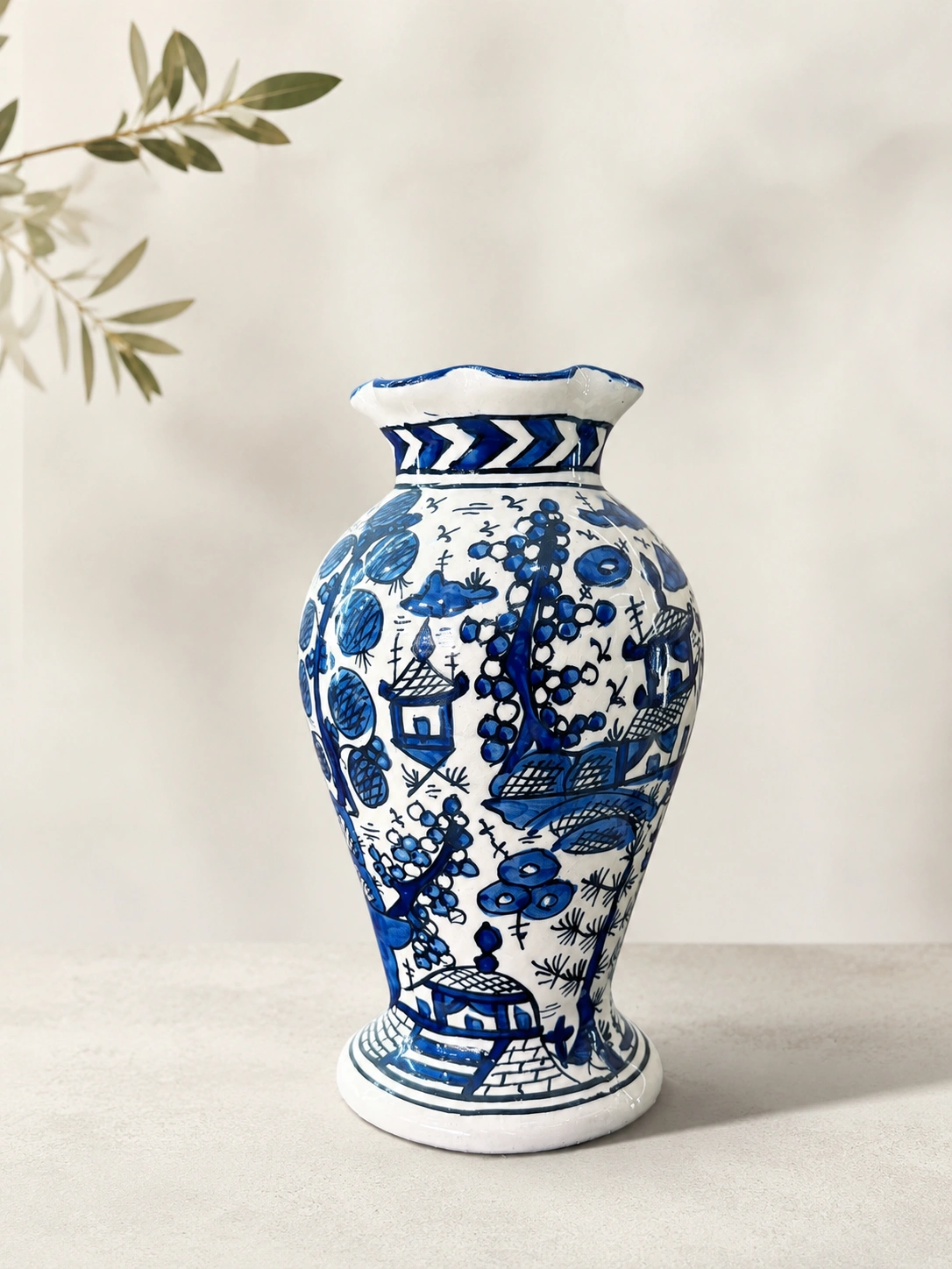 Indigo Village Landscape Ceramic Vase by Hira Industries