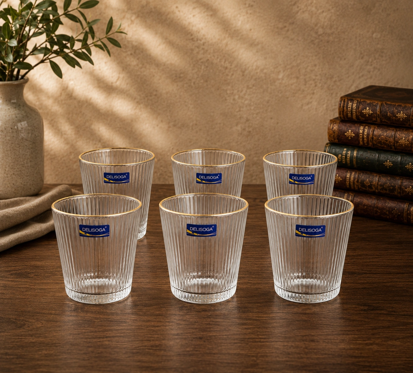 Gold Rim Ribbed Glass Set by Hira Industries