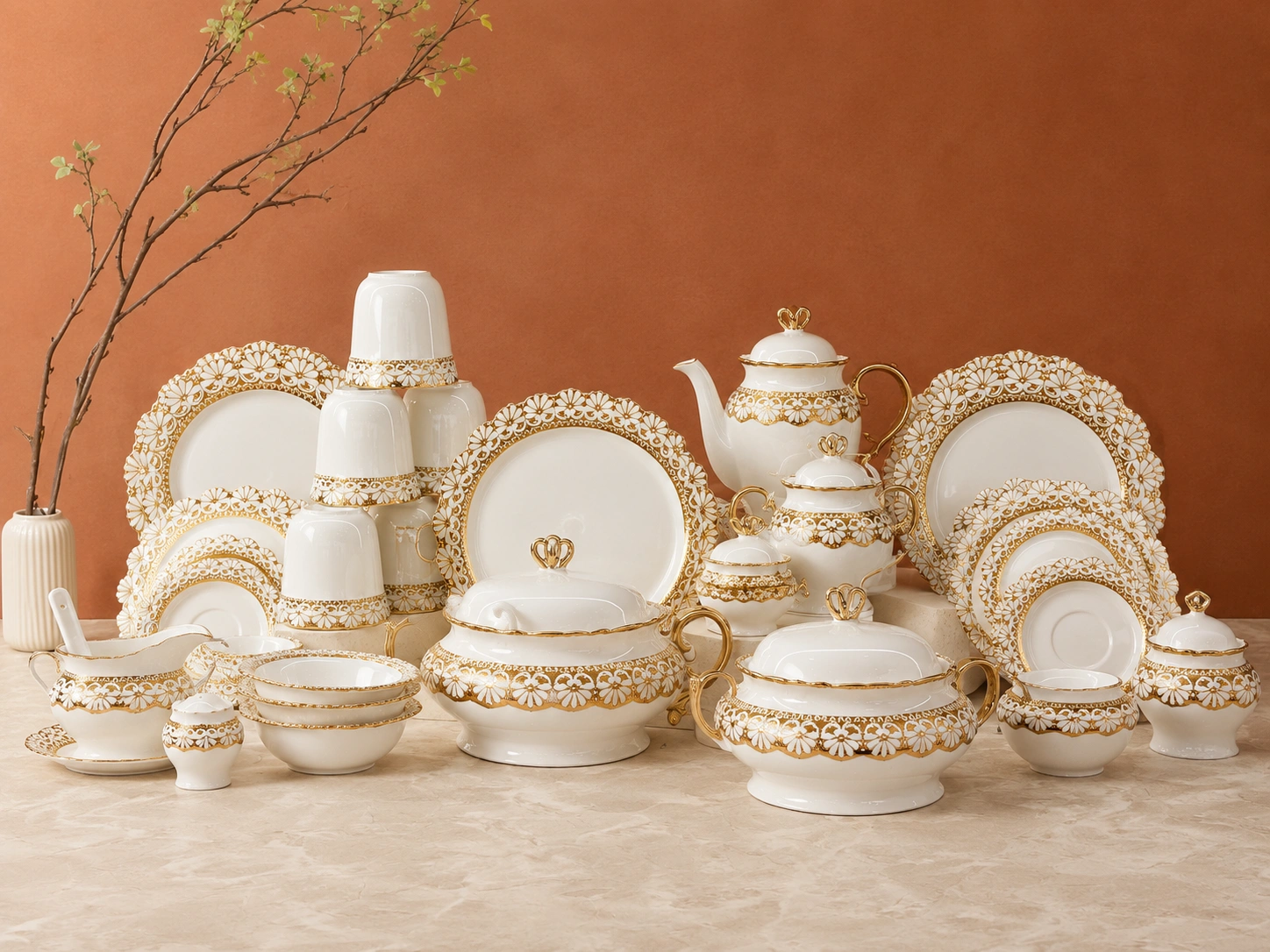 Heritage Gold Floral Dinner Set by Hira Industries