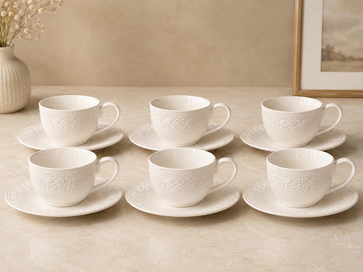 Ivory Embossed Cup & Saucer Set by Hira Industries