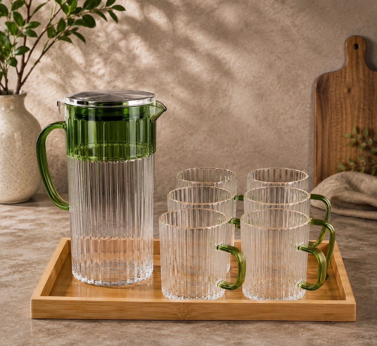 Emerald Ribbed Glass Jug Set by Hira Industries
