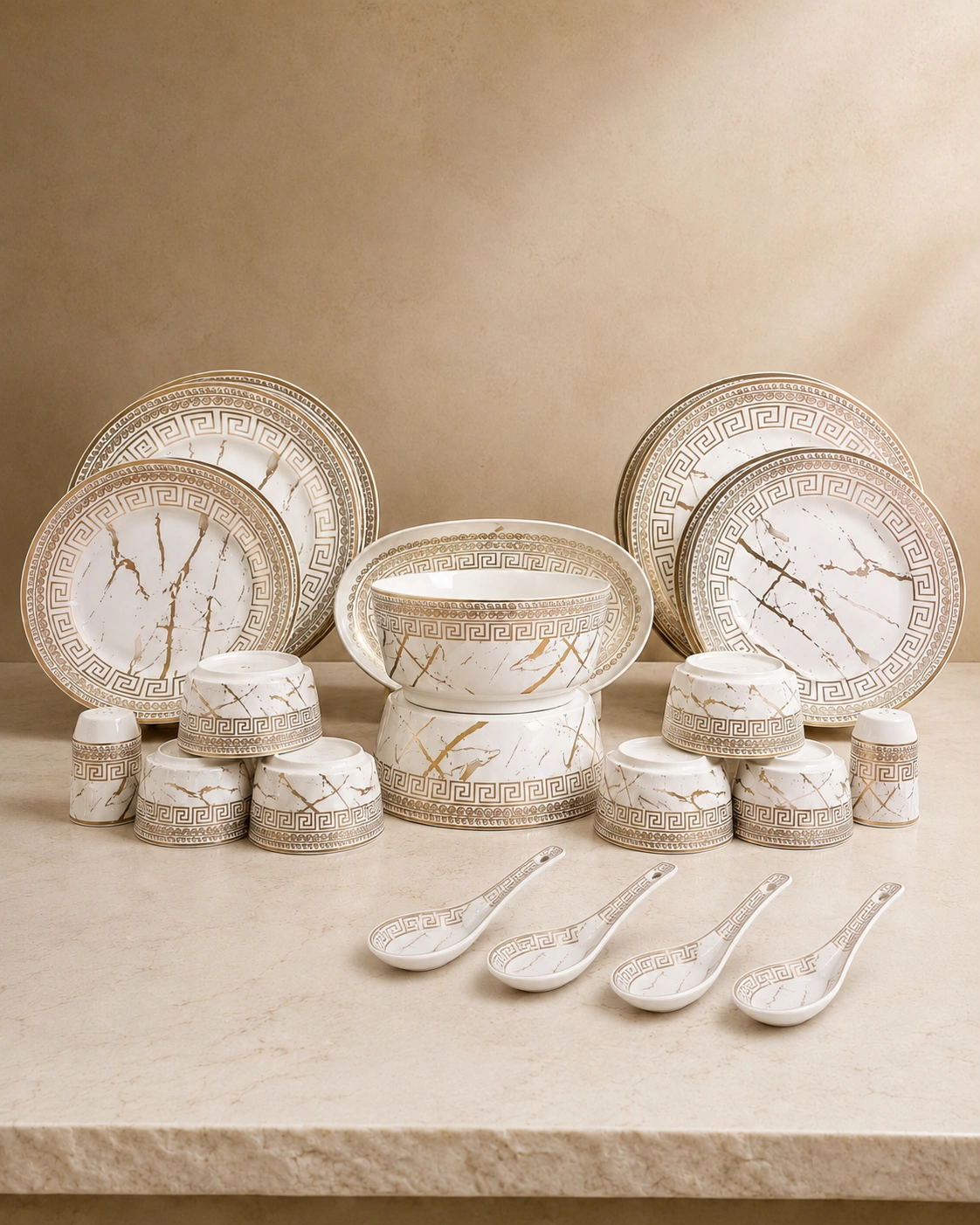 Marbel Greek Key Dinner Set by Hira Industries