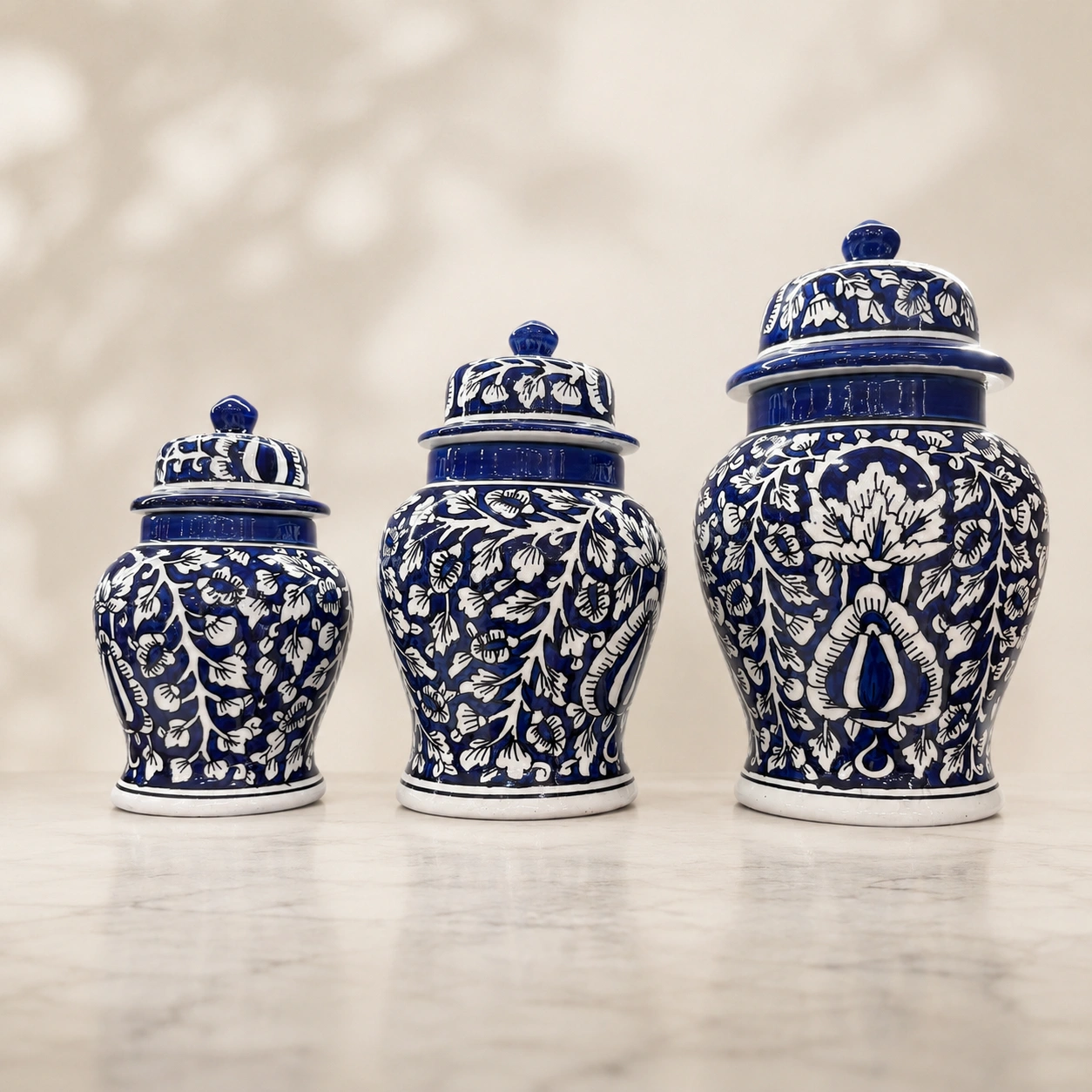 Indigo Floral Ginger Jar Trio by Hira Industries