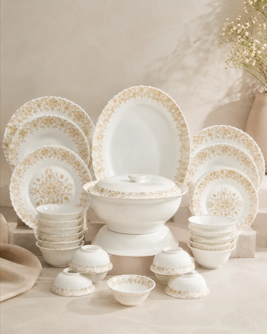 Champagne Damask Compact Set by Hira Industries
