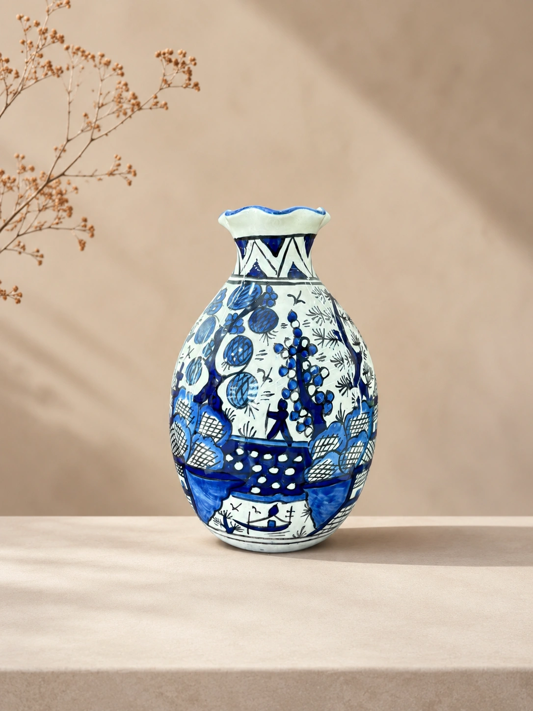 Indigo Orchard Hand-Painted Ceramic Vase by Hira Industries