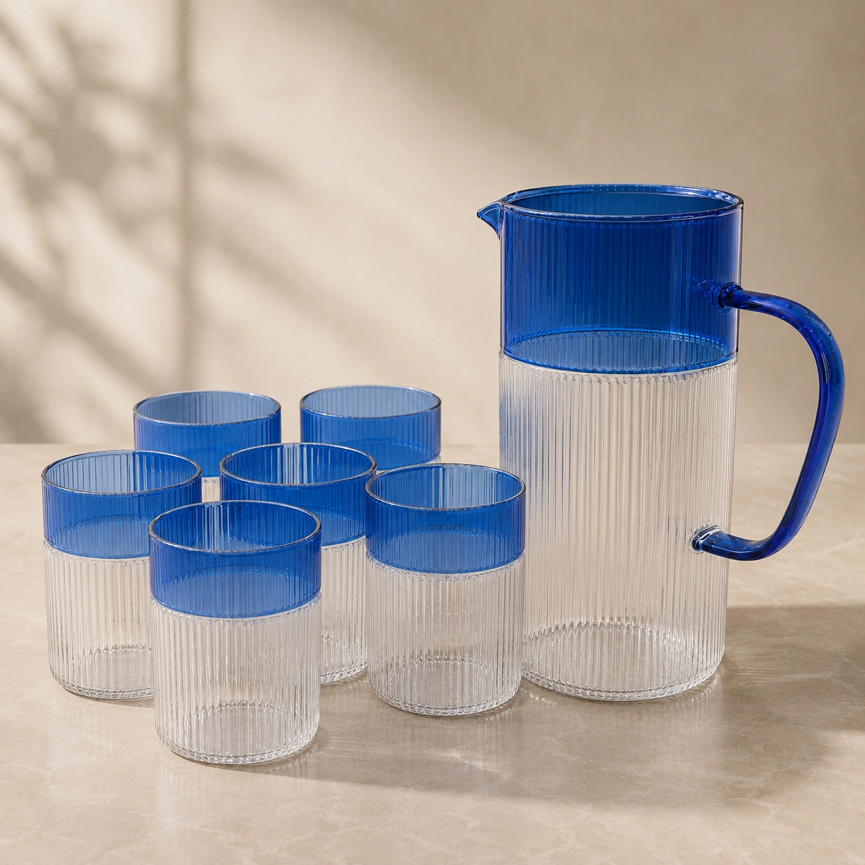 Cobalt Blue Ribbed Glass Jug Set by Hira Industries