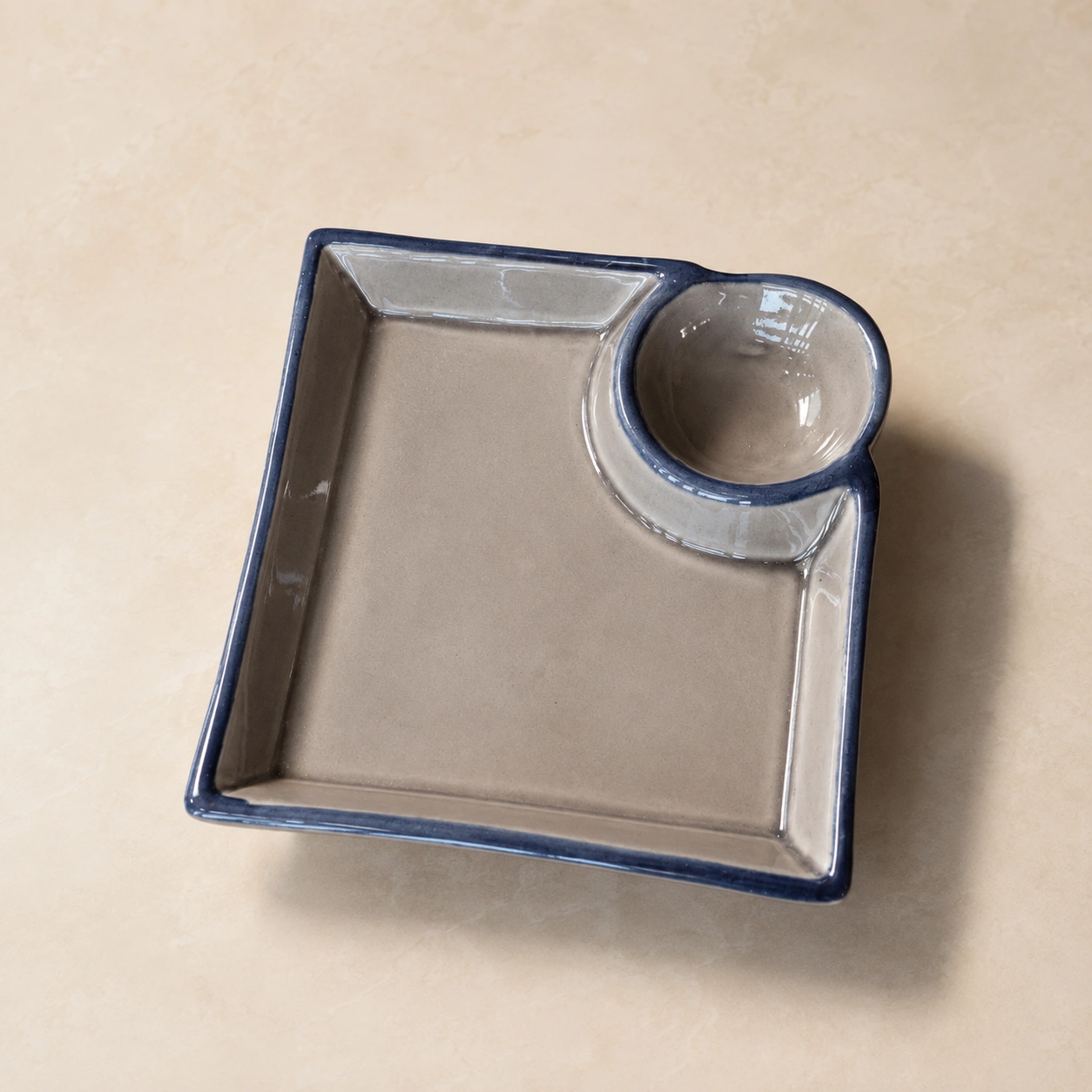 Ivory Blue Square Snack Plate with Dip Bowl by Hira Industries