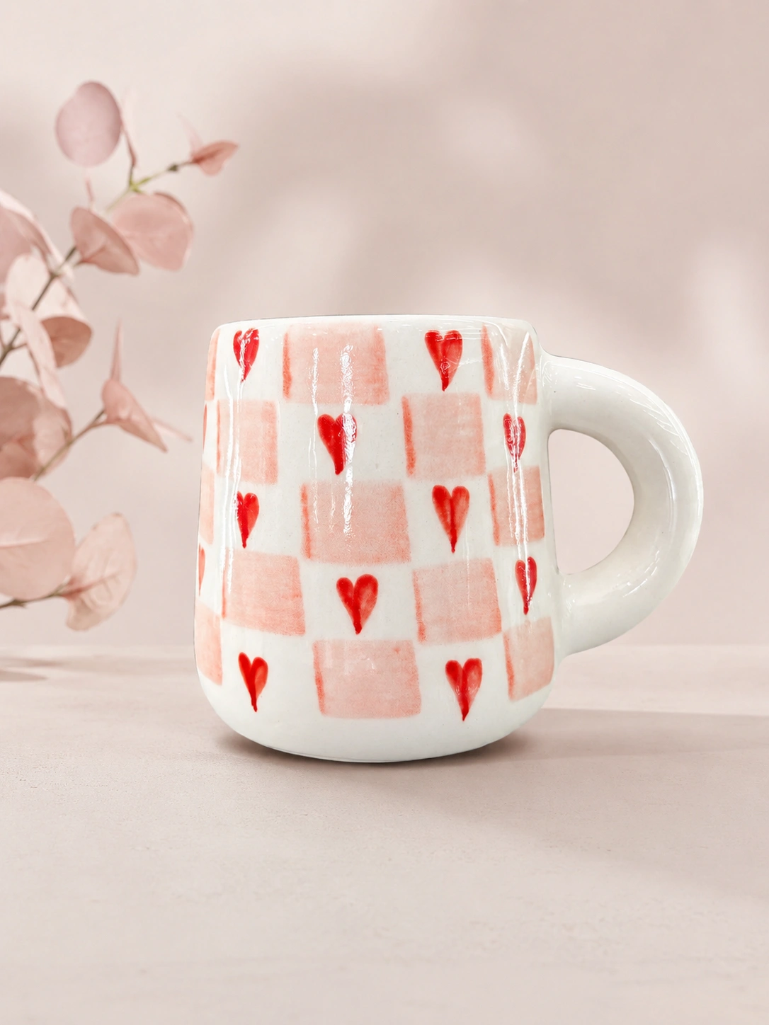 Blush Heart Check Ceramic Mug by Hira Industries
